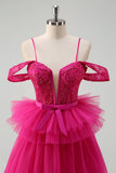 Hot Pink Cold Shoulder A-Line Tulle Tiered Long Prom Dress com Appliques