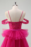 Hot Pink Cold Shoulder A-Line Tulle Tiered Long Prom Dress com Appliques