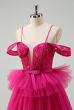 Hot Pink Cold Shoulder A-Line Tulle Tiered Long Prom Dress com Appliques