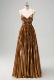 Cintas de Esparguete Sparkly Golden A-Line Cut out Ruched Metallic Long Prom Dress