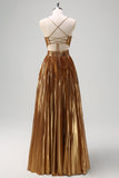 Cintas de Esparguete Sparkly Golden A-Line Cut out Ruched Metallic Long Prom Dress