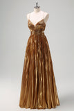 Cintas de Esparguete Sparkly Golden A-Line Cut out Ruched Metallic Long Prom Dress