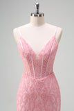 Brilhante Rosa Sereia V-Neck Corset Vestido de Baile de Lantejoulas com Fenda