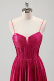 Fuchsia A Line Spaghetti Straps Corset Vestido de baile plissado com renda para trás