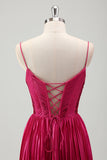 Fuchsia A Line Spaghetti Straps Corset Vestido de baile plissado com renda para trás