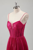 Fuchsia A Line Spaghetti Straps Corset Vestido de baile plissado com renda para trás