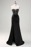 Sereia Preta Strapless Ruched Cetim Corset Long Prom Dress with Beading