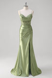 Sereia Verde Esparguete Correias Plissado Corset Prom Dress