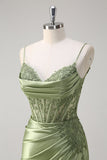 Sereia Verde Esparguete Correias Plissado Corset Prom Dress