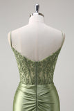 Sereia Verde Esparguete Correias Plissado Corset Prom Dress