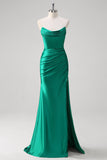 Sereia Verde Strapless cetim Ruched longo vestido de baile com fenda