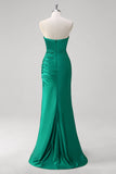 Sereia Verde Strapless cetim Ruched longo vestido de baile com fenda