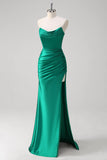 Sereia Verde Strapless cetim Ruched longo vestido de baile com fenda