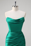 Sereia Verde Strapless cetim Ruched longo vestido de baile com fenda