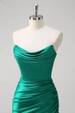 Sereia Verde Strapless cetim Ruched longo vestido de baile com fenda