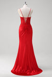 Red Spaghetti Correias Sereia Cetim Long Corset Prom Dress com Apliques