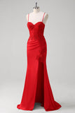 Red Spaghetti Correias Sereia Cetim Long Corset Prom Dress com Apliques