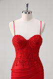 Red Spaghetti Correias Sereia Cetim Long Corset Prom Dress com Apliques