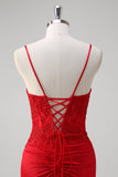 Red Spaghetti Correias Sereia Cetim Long Corset Prom Dress com Apliques