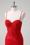 Red Spaghetti Correias Sereia Cetim Long Corset Prom Dress com Apliques