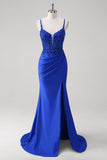 Brilhante Royal Blue Sereia Espaghetti Straps Long Corset Prom Dress com Apliques