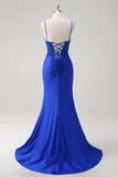 Brilhante Royal Blue Sereia Espaghetti Straps Long Corset Prom Dress com Apliques