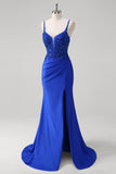 Brilhante Royal Blue Sereia Espaghetti Straps Long Corset Prom Dress com Apliques