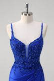 Brilhante Royal Blue Sereia Espaghetti Straps Long Corset Prom Dress com Apliques