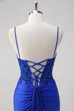 Brilhante Royal Blue Sereia Espaghetti Straps Long Corset Prom Dress com Apliques