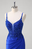 Brilhante Royal Blue Sereia Espaghetti Straps Long Corset Prom Dress com Apliques