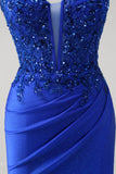 Brilhante Royal Blue Sereia Espaghetti Straps Long Corset Prom Dress com Apliques