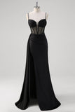 Preto Esparguete Correias Cetim Sereia Long Corset Prom Dress com Fenda