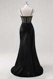 Preto Esparguete Correias Cetim Sereia Long Corset Prom Dress com Fenda