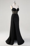 Preto Esparguete Correias Cetim Sereia Long Corset Prom Dress com Fenda