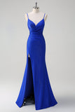 Glitter Royal Blue Mermaid Espaghetti Straps Ruched Long Prom Dress With Slit