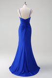 Glitter Royal Blue Mermaid Espaghetti Straps Ruched Long Prom Dress With Slit