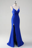 Glitter Royal Blue Mermaid Espaghetti Straps Ruched Long Prom Dress With Slit