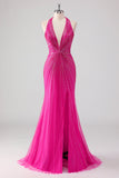 Fúcsia Sereia Halter Open Back Beaded Long Prom Dress com Fenda