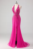 Fúcsia Sereia Halter Open Back Beaded Long Prom Dress com Fenda