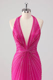 Fúcsia Sereia Halter Open Back Beaded Long Prom Dress com Fenda