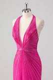 Fúcsia Sereia Halter Open Back Beaded Long Prom Dress com Fenda