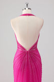 Fúcsia Sereia Halter Open Back Beaded Long Prom Dress com Fenda