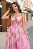 Blush Floral Uma Linha Esparguete Correias Plissado Corset Prom Dress