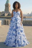 Vestido de Baile de Baile Longo, Grande Tamanho, Flor Branca Azul Branca, Linha A, Cintura Basca, com Abertura