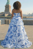 Vestido de Baile de Baile Longo, Grande Tamanho, Flor Branca Azul Branca, Linha A, Cintura Basca, com Abertura