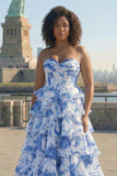 Vestido de Baile de Baile Longo, Grande Tamanho, Flor Branca Azul Branca, Linha A, Cintura Basca, com Abertura