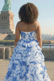 Vestido de Baile de Baile Longo, Grande Tamanho, Flor Branca Azul Branca, Linha A, Cintura Basca, com Abertura
