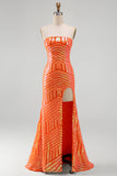 Vestido de baile de finalistas sem alças com lantejoulas em laranja brilhante e laranja
