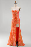 Vestido de baile de finalistas sem alças com lantejoulas em laranja brilhante e laranja