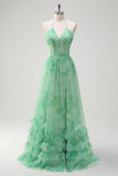 Verde A-Line Halter Floral Corset Ruffles Long Prom Dress com Fenda